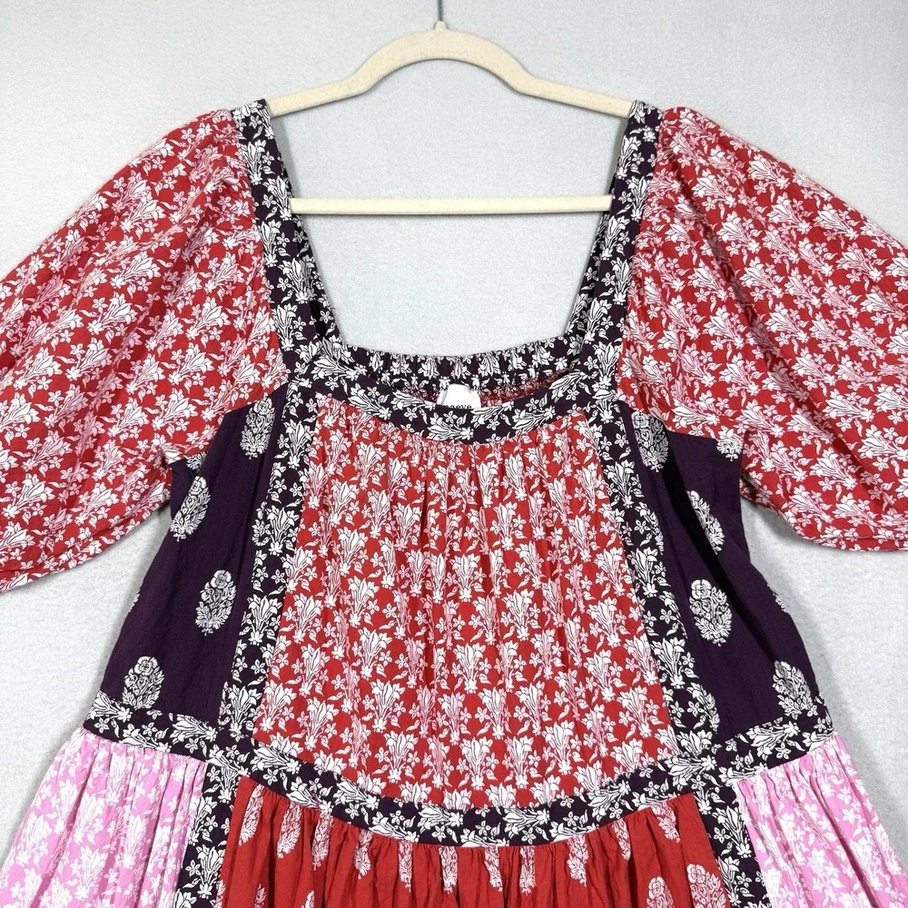 Maeve Dress‎ Womens XS Patchwork Square Neck Tape Detail Midi Peasant Cottage